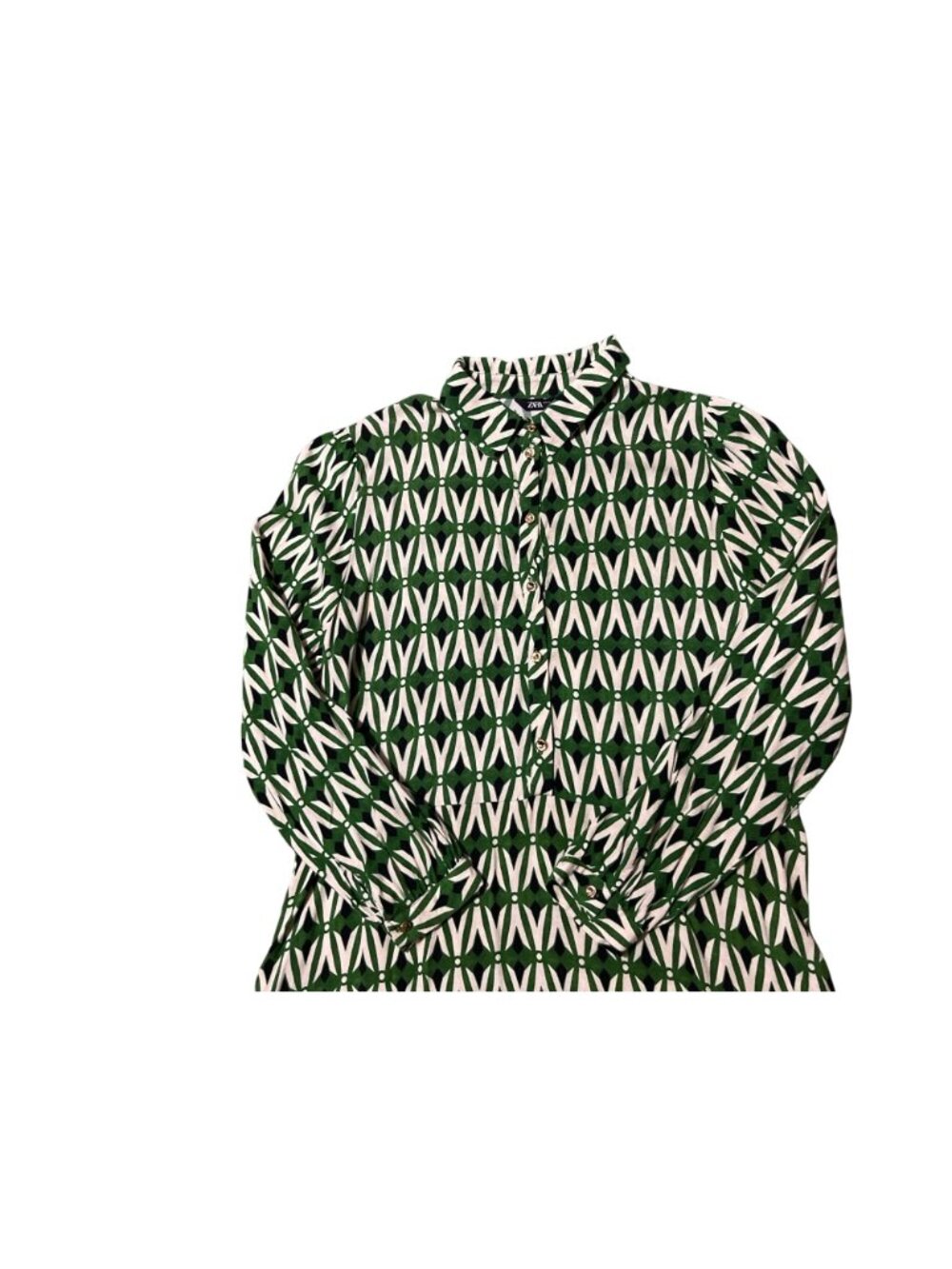 Zara Womens XL Green Navy Cream Geometric Print Midi Shirt Dress Button Used - Picture 6 of 11